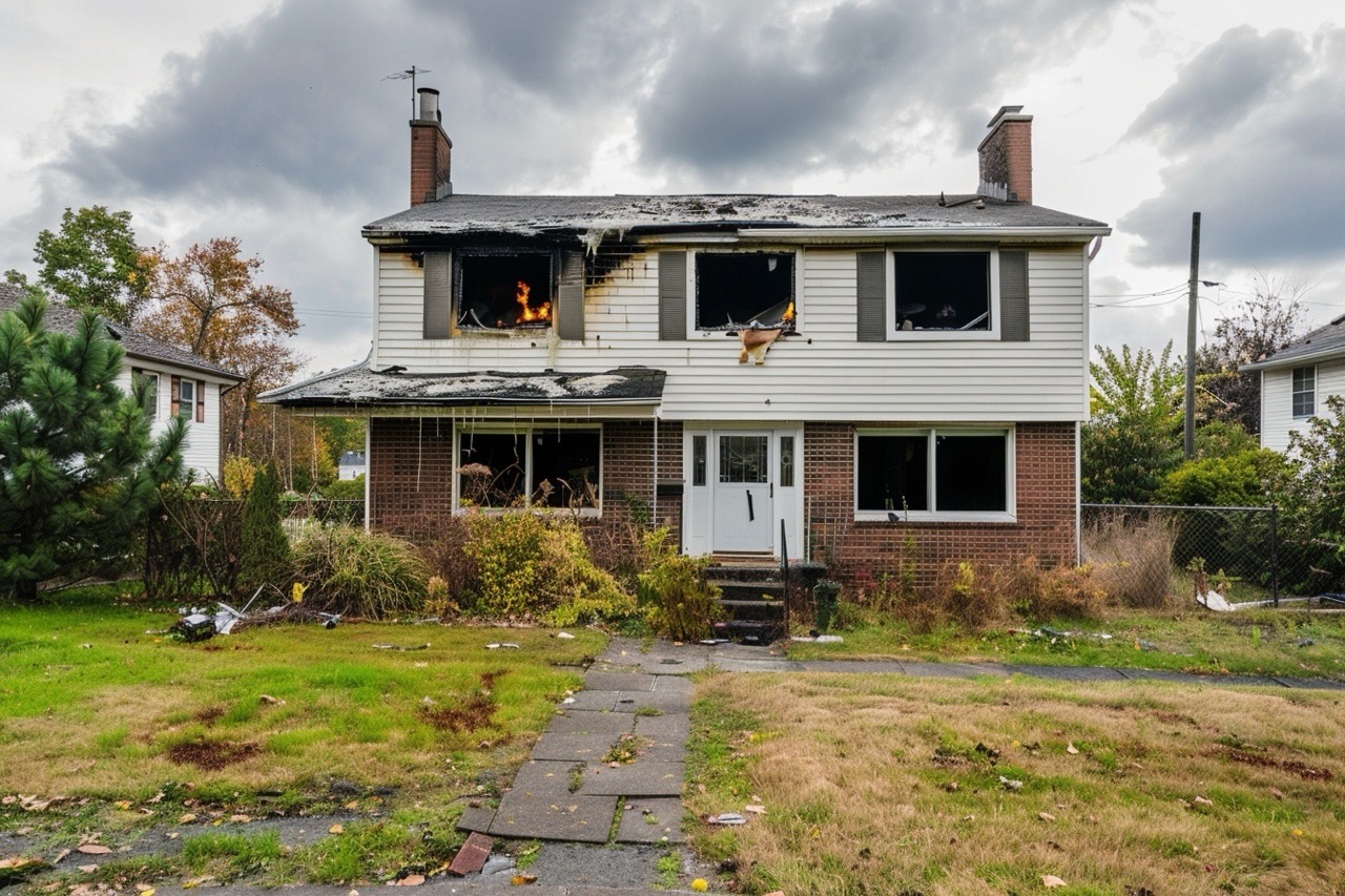 Fire damaged house in New Jersey showing exterior structural damage