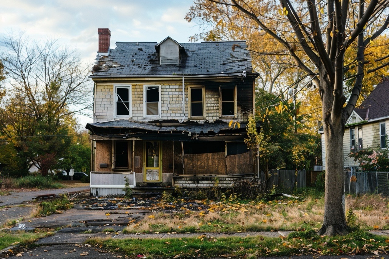 Fire damaged property for sale in New Jersey suburban neighborhood